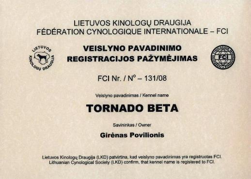 Tornado Beta kennel - FCI registration certificate